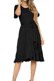 levaca Women Summer Plain Loose Swing Midi Work Casual Dress with Belt Black L レディース