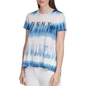 ディーケーエヌワイ DKNY Women's Blue/ivory Logo-print Tie-dyed Trapeze Tee Casual Shirt Top S TEDO レディース
