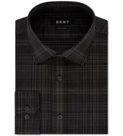 ディーケーエヌワイ DKNY Men's Slim Fit Performance Stretch Jaspe Plaid Dress Shirt Black Size メンズ