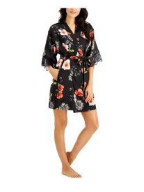 INC Intimates Black Satin Pocketed Elbow-length Lace-trim Sleeves Floral Robe S レディース