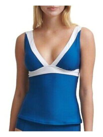 ディーケーエヌワイ DKNY Women's Blue Removable Soft Cups Deep V Neck Tankini Swimsuit Top L レディース