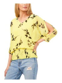 ヴィンス VINCE CAMUTO Womens Yellow Smocked 3/4 Open Sleeve Printed V Neck Top XS レディース