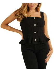 ゲス GUESS Womens Black Denim Zippered Sleeveless Square Neck Party Peplum Top S レディース