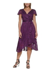 ディーケーエヌワイ DKNY Womens Purple Belted Flutter Sleeve Midi Evening Wrap Dress 2 レディース