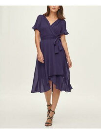 ディーケーエヌワイ DKNY Womens Purple Belted Short Sleeve Below The Knee Evening Tulip Dress 4 レディース