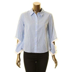 English Factory ENGLISH FACTORY Women's Blue Striped Ruffled Trim Button Down Shirt Top M TEDO レディース