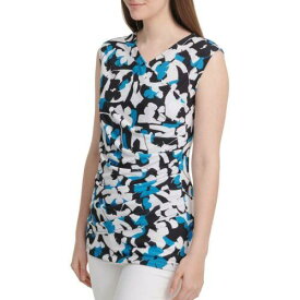 ディーケーエヌワイ DKNY NEW Women's Blue Multi Ruched Floral-print Shell Blouse Shirt Top XS TEDO レディース