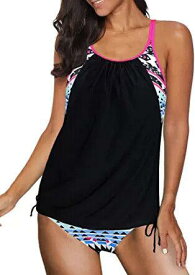 Sidefeel Women Blouson Striped Print Strappy T-Back Swimsuit Push up Tankini Set レディース