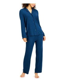 ALFANI Womens Blue Elastic Band Button Up Top Straight leg Pants Pajamas L レディース