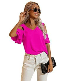 Milumia Womens Casual Cold Shoulder V Neck Flounce Short Sleeve Solid Work レディース