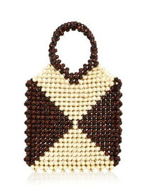 AQUA Women's Brown Beaded Wood Colorblock Double Flat Strap Tote Handbag Purse レディース