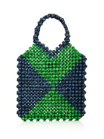 AQUA Women's Green Beaded Wood Colorblock Double Flat Strap Tote Handbag Purse レディース
