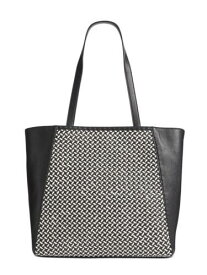 INC Women's Black Leather Woven Double Flat Strap Tote Handbag Purse レディース