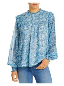 AQUA Womens Blue Zippered Smocked Lined Long Sleeve Crew Neck Wear To Work Top S レディース