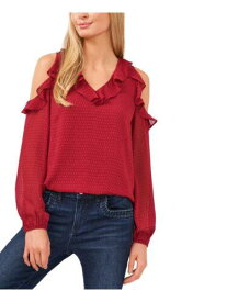 CECE Womens Red Ruffled Cold Shoulder Sheer Lined Long Sleeve V Neck Blouse XS レディース