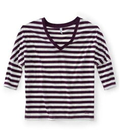 Aeropostale Womens V-neck Stripe 3/4 Sleeve Graphic T-Shirt Purple Medium レディース