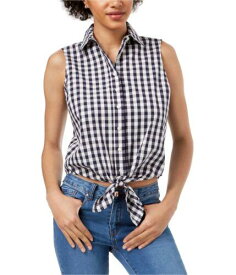 maison Jules Womens Check Tie Front Button Down Blouse Blue Small レディース