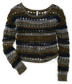 Aeropostale Womens Tri Tone Crochet Knit Sweater Green Small レディース