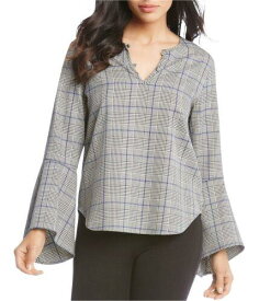 カレンケーン Karen Kane Womens Plaid Bell Sleeved Pullover Blouse Grey Medium レディース