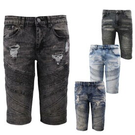 LR Scoop Men's Distressed Denim Faded Wash Slim Fit Moto Quilt Skinny Jean Shorts メンズ