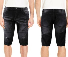LR SCOOP Men's Moto Quilt Distressed Jean Faded Wash Black Denim Shorts Slim Fit メンズ