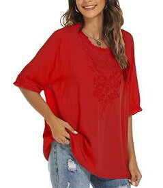 Higustar Elegant Summer Peasant Tops for Women Mexican Embroidery Red Solid メンズ