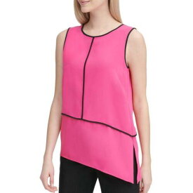 Calvin Klein カルバンクライン CALVIN KLEIN NEW Women's Pink Piped Asymmetrical-hem Blouse Shirt Top L TEDO レディース