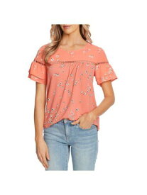 CECE Womens Orange Stretch Cut Out Short Tiered Sleeves Floral Round Neck Top S レディース