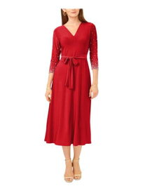 MSK Womens Red Stretch 3/4 Sleeve V Neck Midi Cocktail Sheath Dress XL レディース