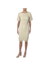 XSCAPE Womens Gold Lace Pouf Sleeve Boat Neck Midi Sheath Dress 4 レディース