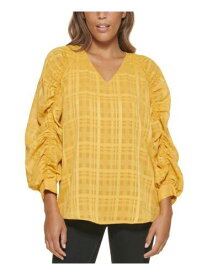 カルバンクライン CALVIN KLEIN Womens Gold Gathered Lined Plaid Long Sleeve V Neck Top M レディース