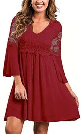 ZANZEA Womens Vintage Floral Lace V Neck 3/4 Bell Sleeve Cocktail A-line Swing レディース