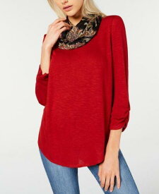 BCX Junior's Ruched Sleeve Top with Printed Scarf Red Size X-Small レディース