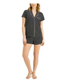 ALFANI Womens Black Elastic Band Button Up Top and Shorts Pajamas M レディース