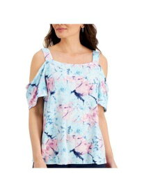JM COLLECTION Womens Blue Stretch Cold Shoulder Square Neck Top Petites PS レディース