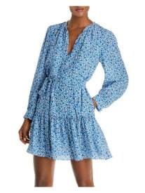 レベッカテイラー REBECCA TAYLOR Womens Blue Tie Lined Long Sleeve V Neck Mini Dress L レディース