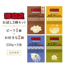 【公式】珊瑚礁 お試し3種セット ビーフ1個と選べる2種 レトルトカレー 220g×3食 鎌倉 七里ヶ浜 湘南 お取り寄せ 送料無料 常温