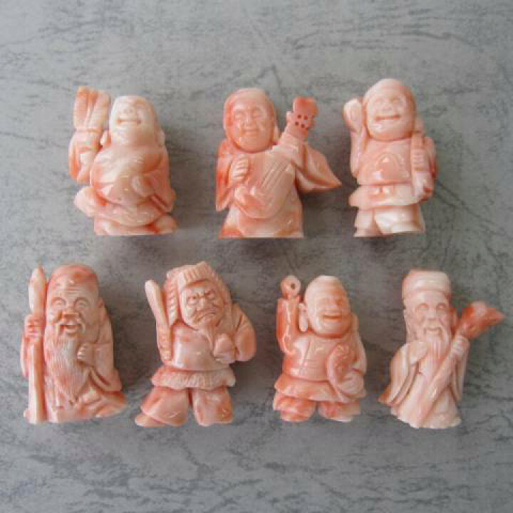楽天市場】ピンク珊瑚 七福神の置物 黒檀台 希少 宝石サンゴ 珊瑚婚  