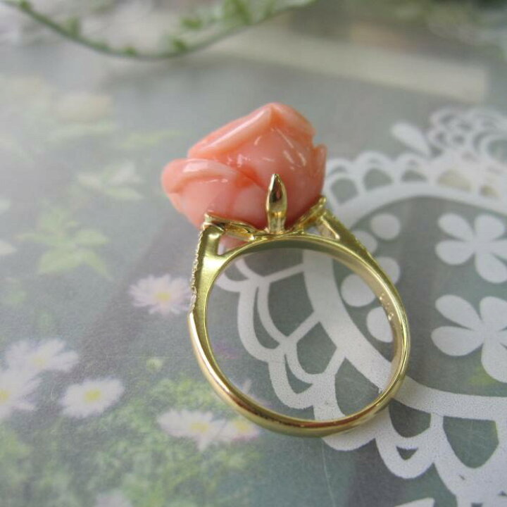 楽天市場】ピンク珊瑚 大輪 薔薇の花 リング 指輪 K18 ダイヤ0.12ct 