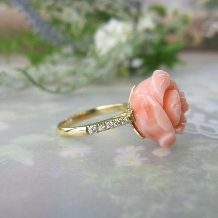 楽天市場】ピンク珊瑚 大輪 薔薇の花 リング 指輪 K18 ダイヤ0.12ct 