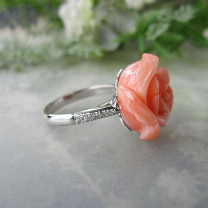 楽天市場】ピンク珊瑚 大輪 薔薇の花 リング 指輪 Pt900 ダイヤ0.12ct 