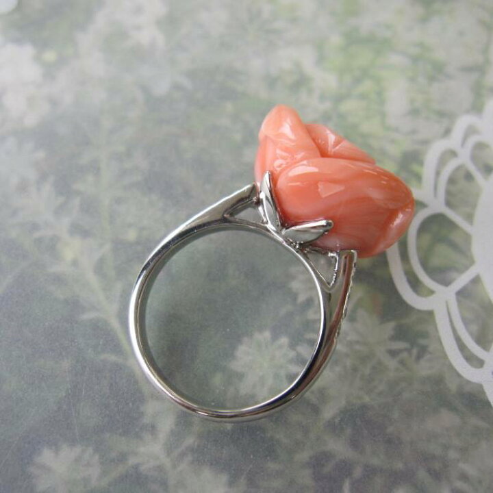 楽天市場】ピンク珊瑚 大輪 薔薇の花 リング 指輪 Pt900 ダイヤ0.12ct 