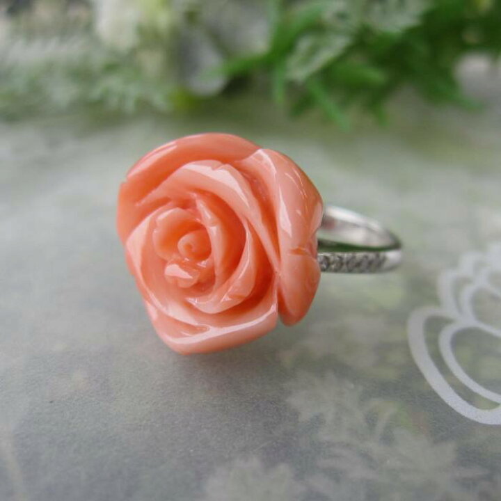 楽天市場】ピンク珊瑚 大輪 薔薇の花 リング 指輪 Pt900 ダイヤ0.12ct 