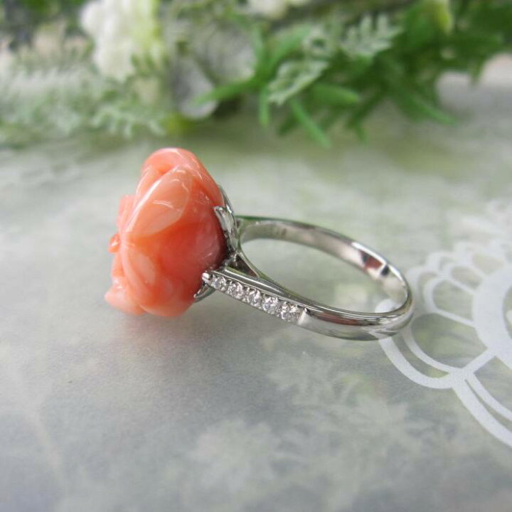 楽天市場】ピンク珊瑚 大輪 薔薇の花 リング 指輪 Pt900 ダイヤ0.12ct 