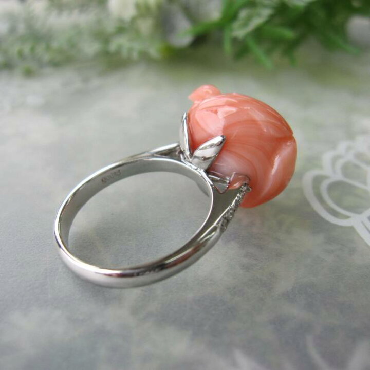 楽天市場】ピンク珊瑚 大輪 薔薇の花 リング 指輪 Pt900 ダイヤ0.12ct 