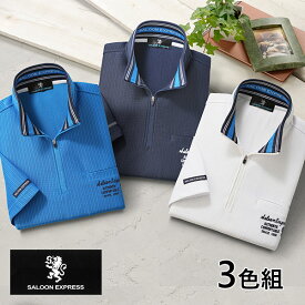 彩香 サルーンエクスプレス ストライプ柄ハーフジップ5分袖シャツ 3色組 AS-0012 1セット（3枚：3色×各1枚）