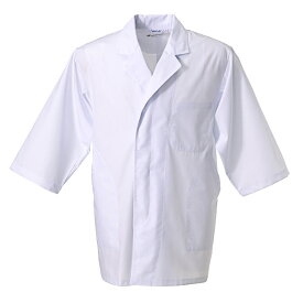 袖口が邪魔にならない七分袖タイプの男性用半袖白衣 三光白衣オリジナル 薄手生地を使用しているので暑い調理場などで人気の日本の定番白衣です。
