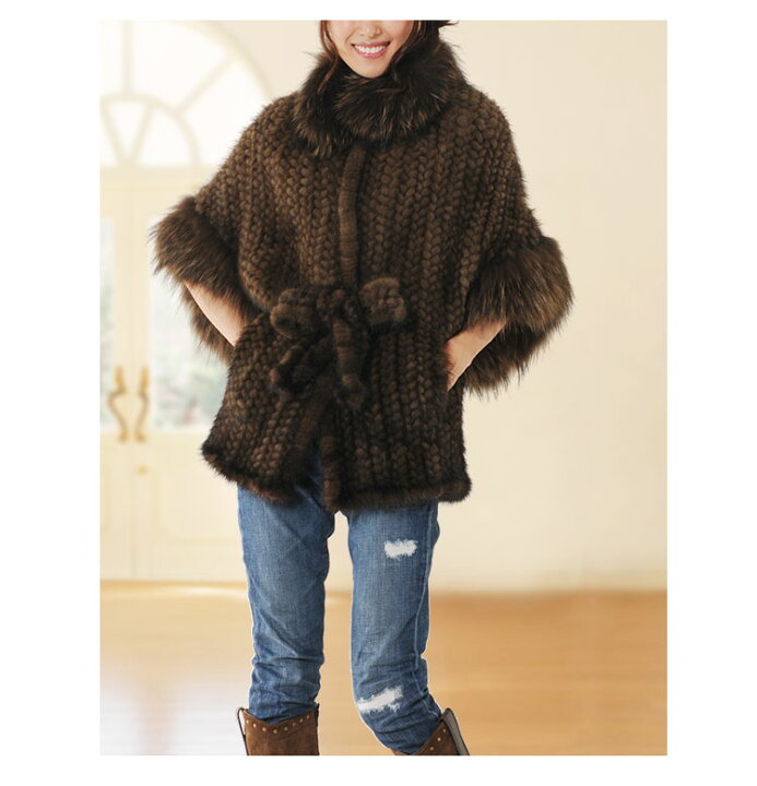楽天市場】ミンク 編み込み ケープ ジャケット ラクーン トリミング  