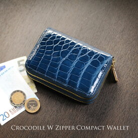 クロコダイル Wファスナー ミニ財布 メンズ ラウンドファスナー コンパクト 財布 シャイニング 加工 全16色 キャッシュレス ゴールド金具 本革 小さい財布 プレゼント ギフト 父の日 父の日ギフト 実用的 (06001055-3-mens-1r)