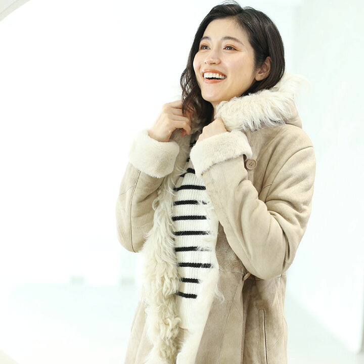 楽天市場】ムートンコート レディース 冬 フード付き ベージュ/ライト  